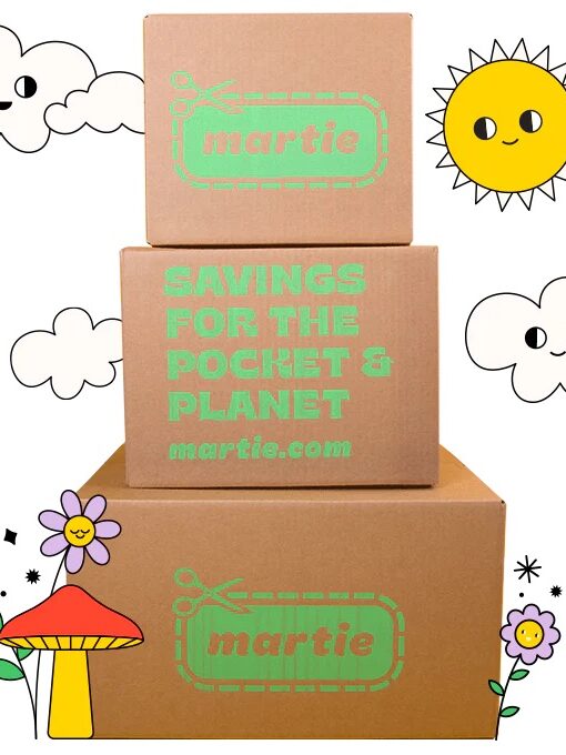 Three stacked cardboard boxes with "martie" branding and slogan "Savings for the Pocket & Planet." Surrounding are cartoon sun, clouds, flowers, and a mushroom.