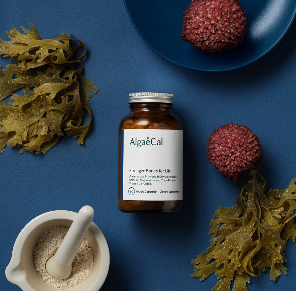 A bottle of AlgaeCal calclium supplements on a blue surface next to styled algae. 