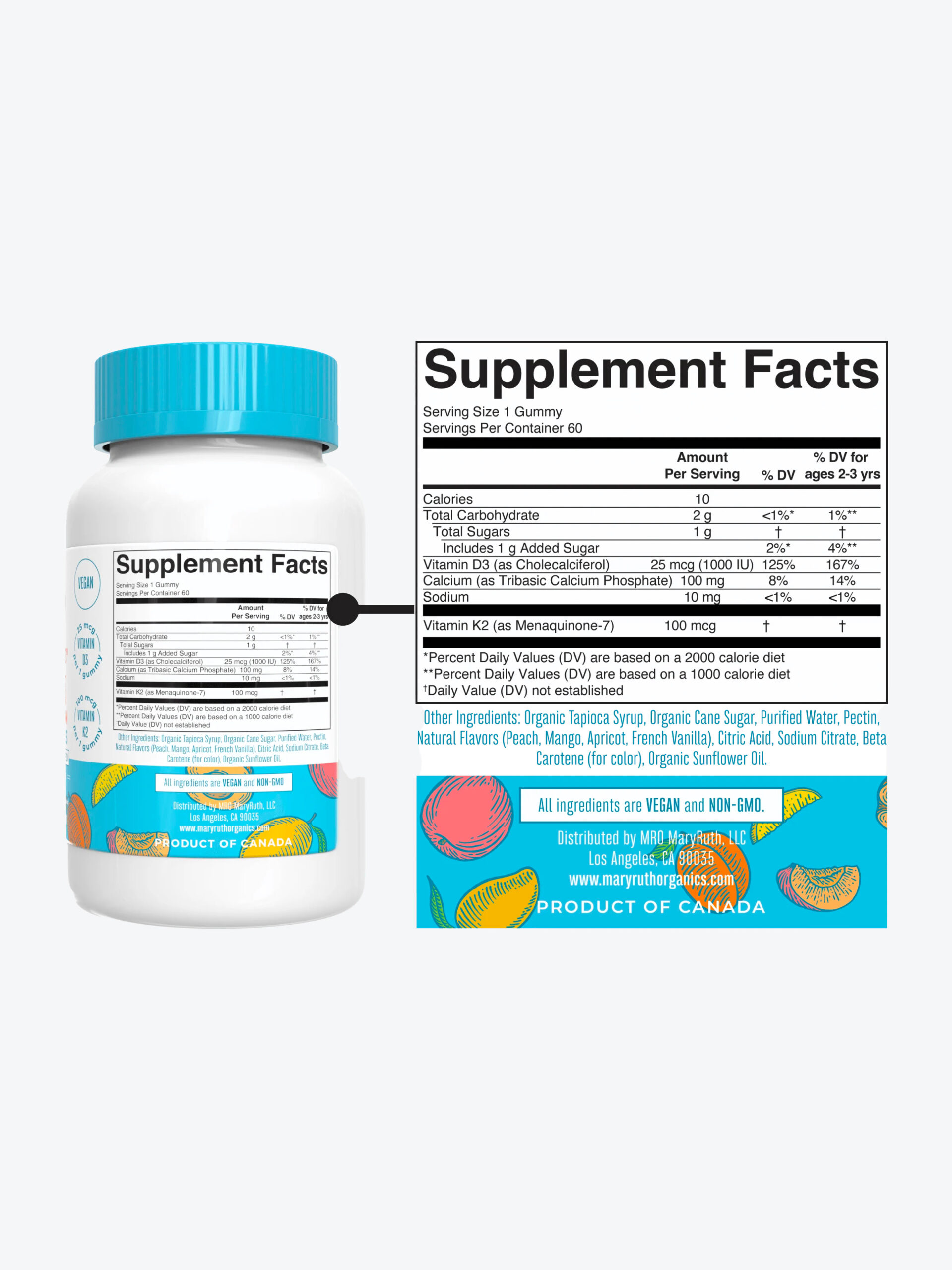 The back of a bottle of RuthMary Calcium gummies with a close up of the label. 