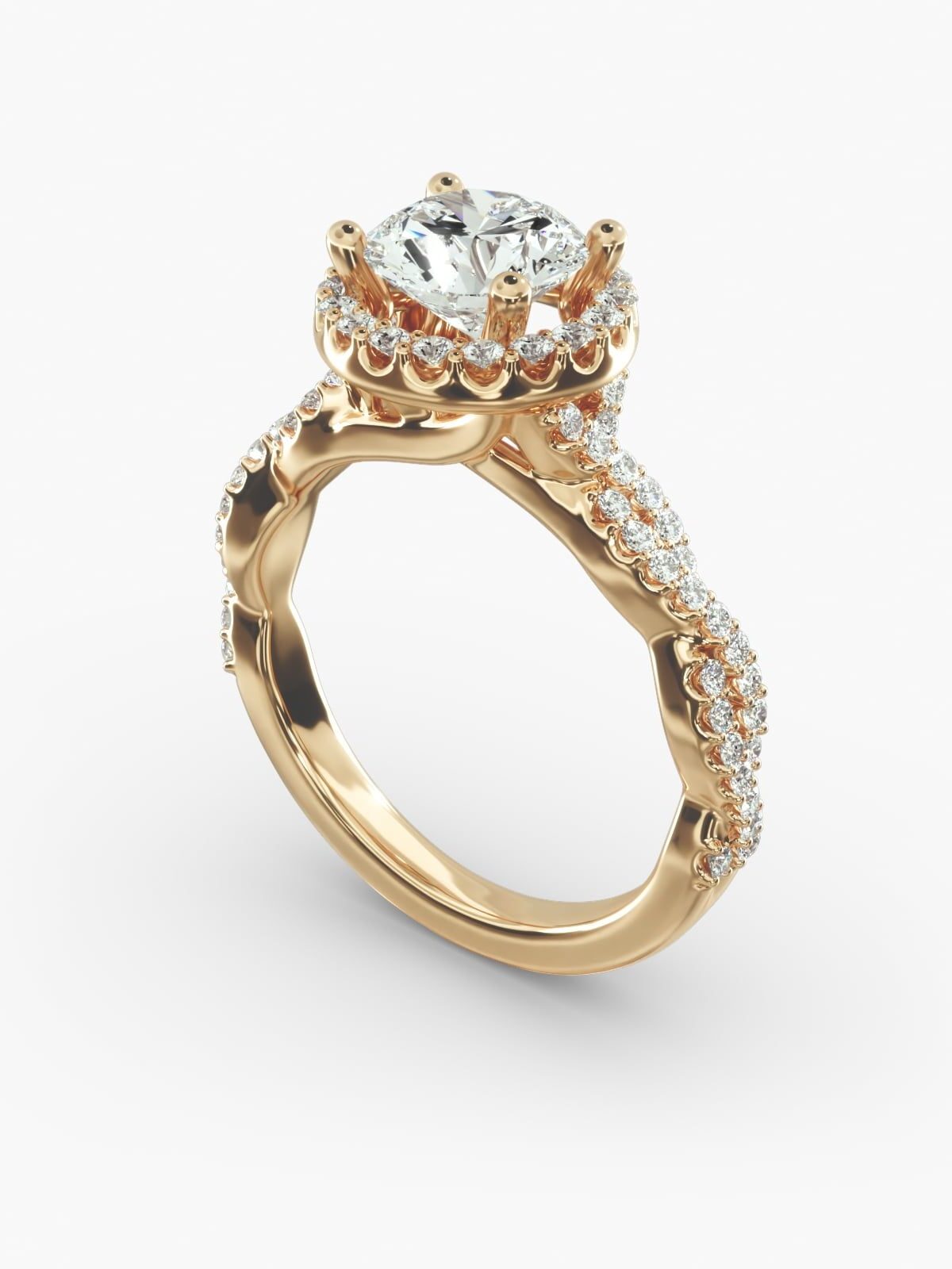 Gold engagement ring with a large central diamond and smaller diamonds along the band on a white background.