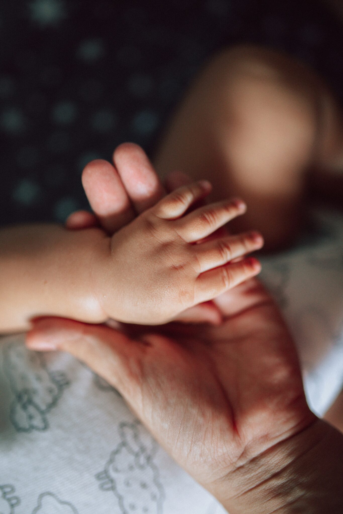 A close-up of an adult hand gently holding a baby's hand, highlighting the contrast in size and texture between the two.