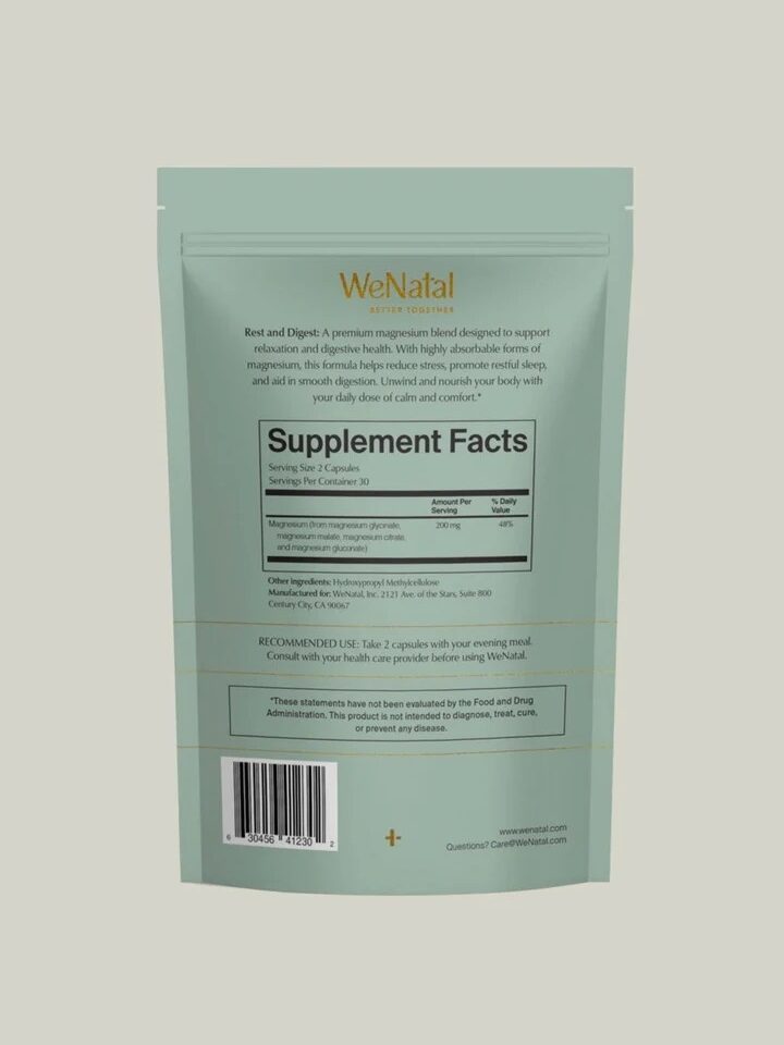 Light green resealable pouch labeled "WeNatal" with visible supplement facts, recommended use, and contact information printed on the back.
