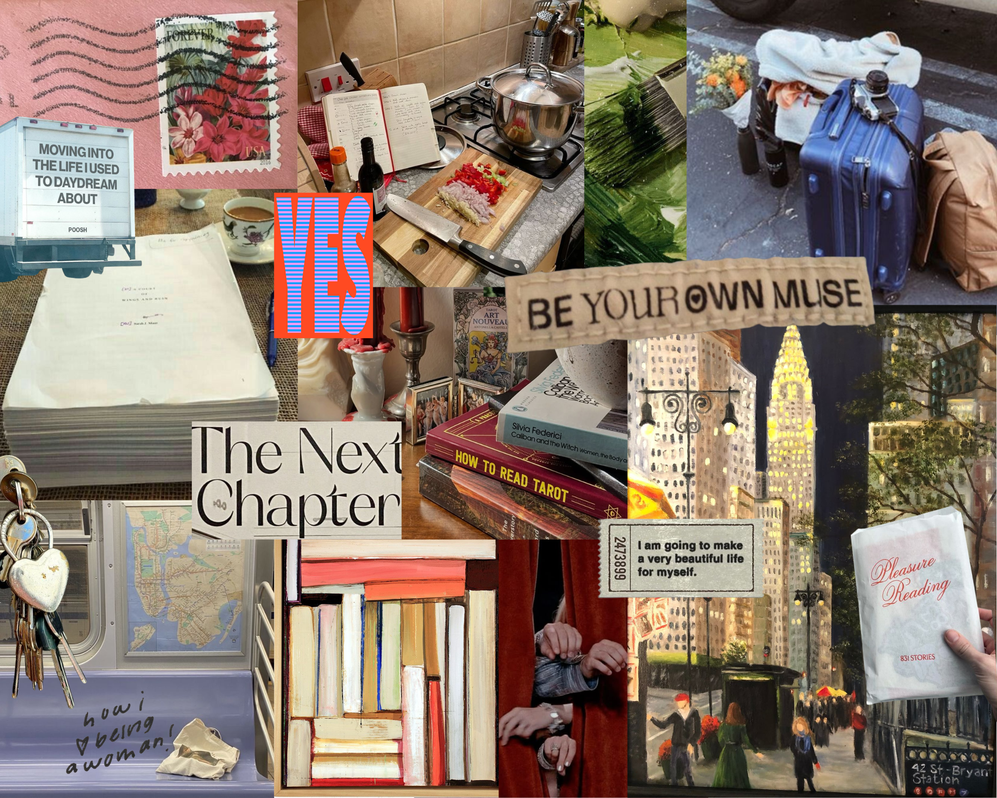 A collage featuring books, suitcases, handwritten notes, city scenes, a tarot deck, motivational quotes, a kitchen, and art supplies, representing change and new beginnings.