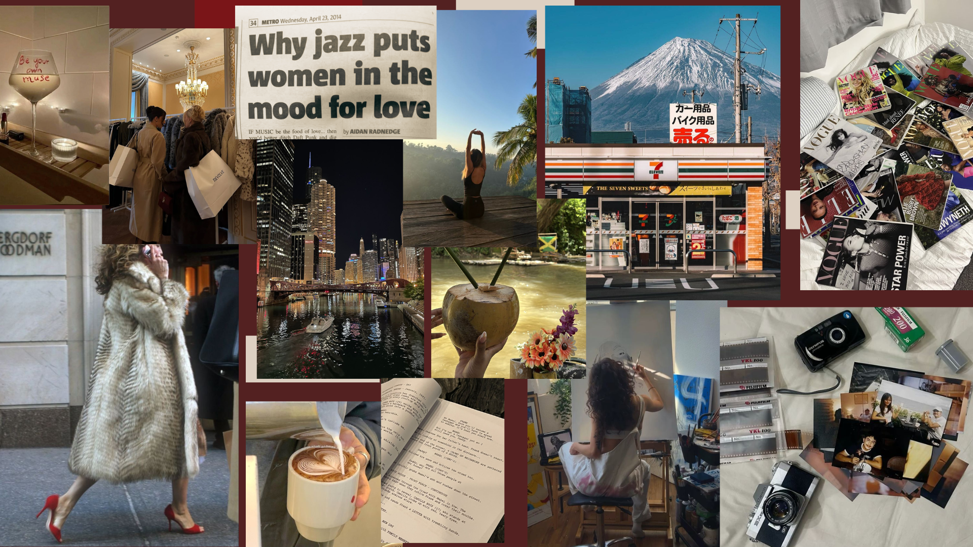 A collage featuring women shopping, magazines, a jazz article, a fur coat, coffee, Mount Fuji, a 7-Eleven, a coconut drink, books, and photography equipment.