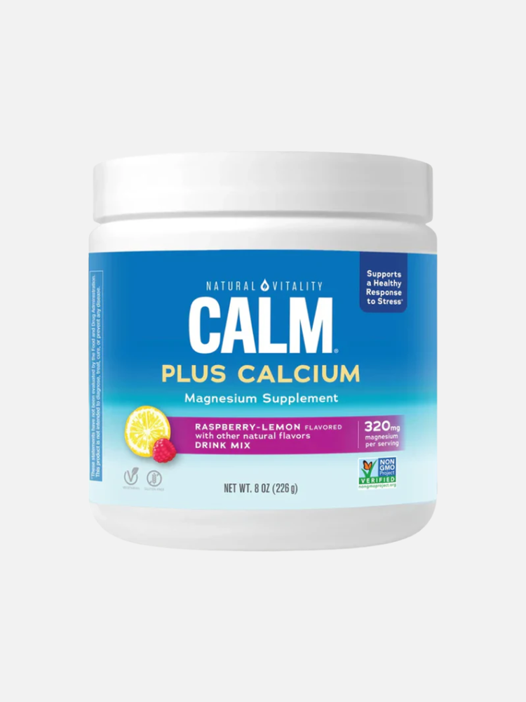A white container of Natural Vitality Calm Plus Calcium magnesium supplement, raspberry-lemon flavored drink mix, 8 oz (226 g).