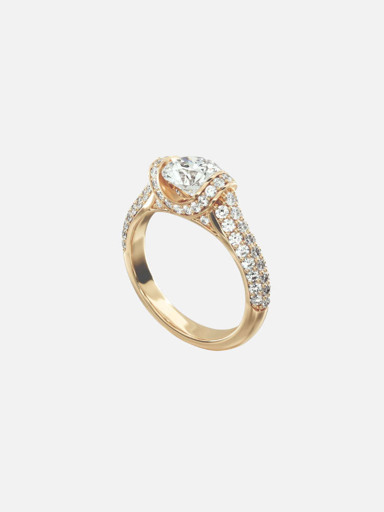 Gold ring with a large oval diamond center and smaller diamonds on the band.