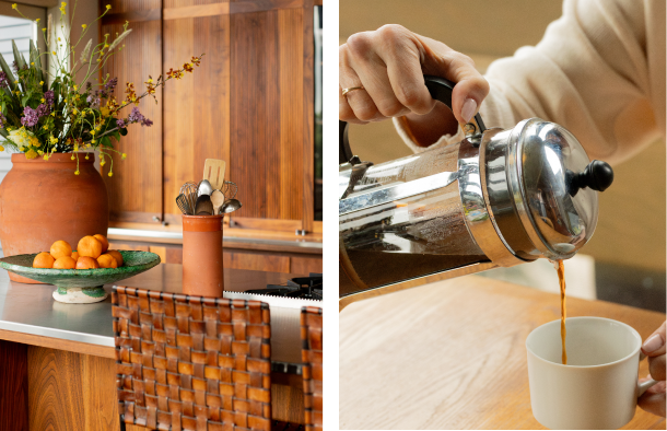 Left: A kitchen with a large clay vase of flowers and a bowl of oranges on the counter. Right: A person pours coffee from a French press into a white cup.