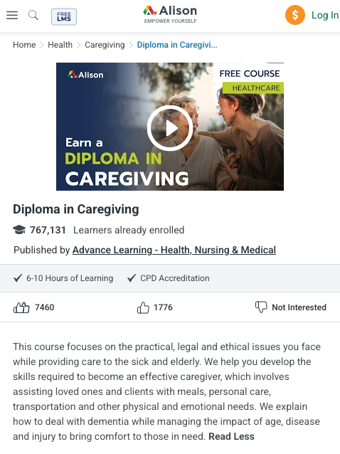 Online course platform page for a Diploma in Caregiving, featuring a banner image and course details, with user engagement statistics below.