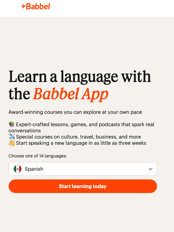 A Babbel app advertisement highlighting features like lessons, games, and podcasts for learning languages. Options for 14 languages are available, with a button to start with Spanish.