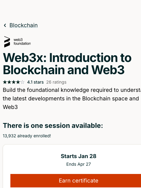 Screenshot of an edX course page titled "Web3x: Introduction to Blockchain and Web3," with a session starting January 28 and ending April 27. Option to enroll is available.