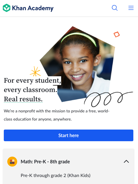 Khan Academy website screenshot showing a smiling child, a mission statement, and a "Start here" button for Pre-K to 8th-grade math topics.