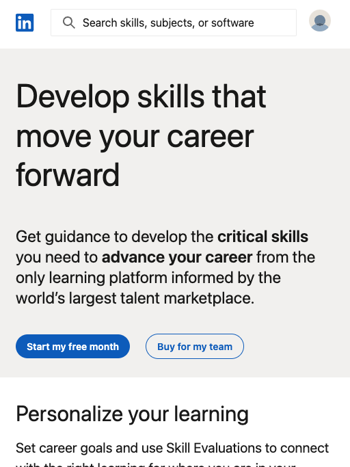 LinkedIn learning platform page offering skill development for career advancement with options for a free trial or team purchase.