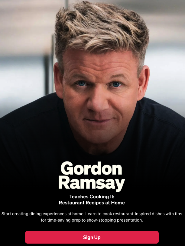 Man with short hair, wearing a dark shirt, in a promotional image for an online cooking course titled "Gordon Ramsay Teaches Cooking II: Restaurant Recipes at Home.