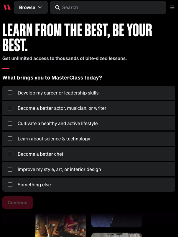 A screenshot of a MasterClass webpage showing a survey with options about personal development interests, alongside a banner promoting access to bite-sized lessons.