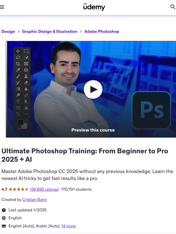 A man smiles in a promotional image for an online Adobe Photoshop course on Udemy, titled "Ultimate Photoshop Training: From Beginner to Pro 2025 + AI.